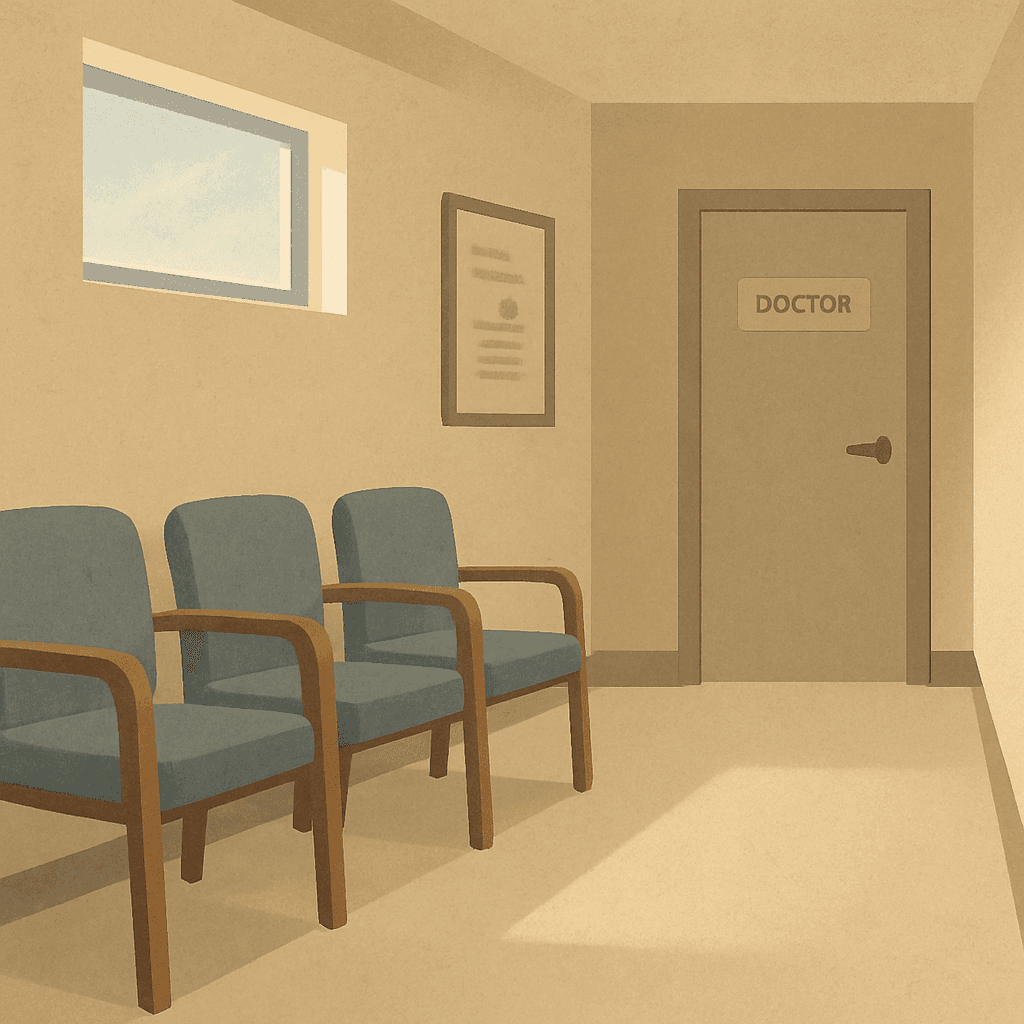 Empty family doctor waiting room with vacant chairs and a closed office door