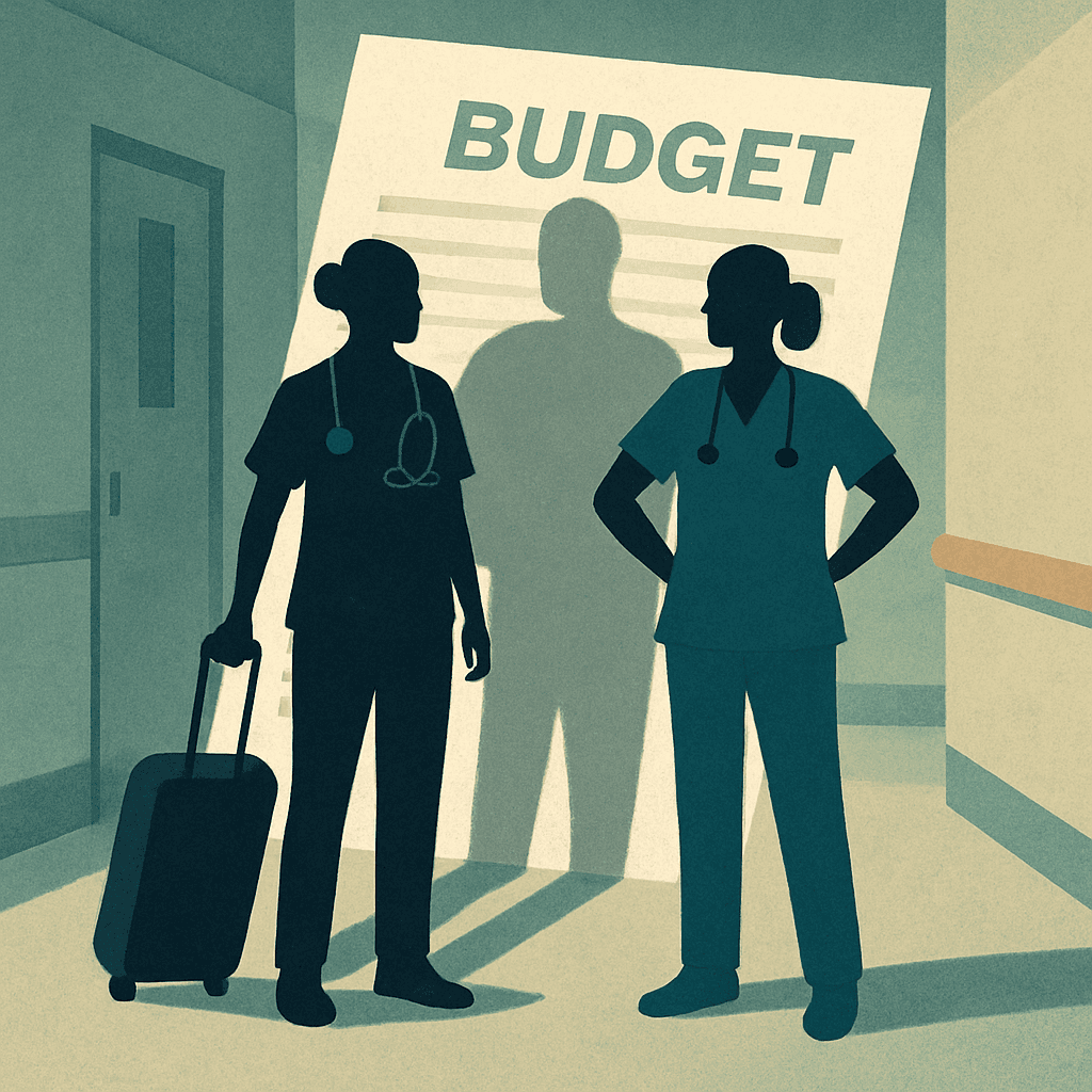 Deux infirmières dans un couloir d'hôpital, l'une avec des bagages suggérant un travail temporaire, à côté d'un grand livre budgétaire surdimensionné